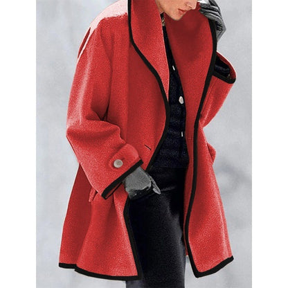 ⭐🤗Abrigo de lana liso con capucha para mujer: cuello grande, corte holgado, ribete en contraste
