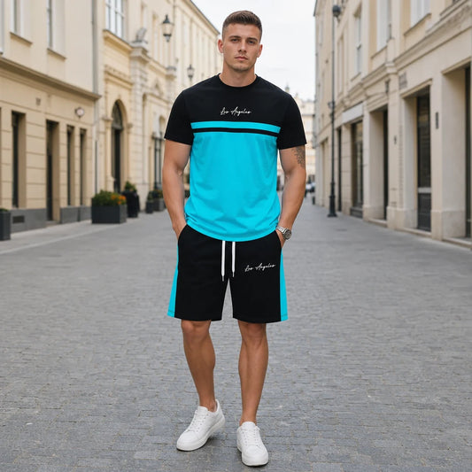 ✨【S-5XL】【Pago contra entrega】Conjunto deportivo de verano de 2 piezas para hombre: camiseta de manga corta y pantalones cortos cómodos, ideales para uso casual y estar en casa.