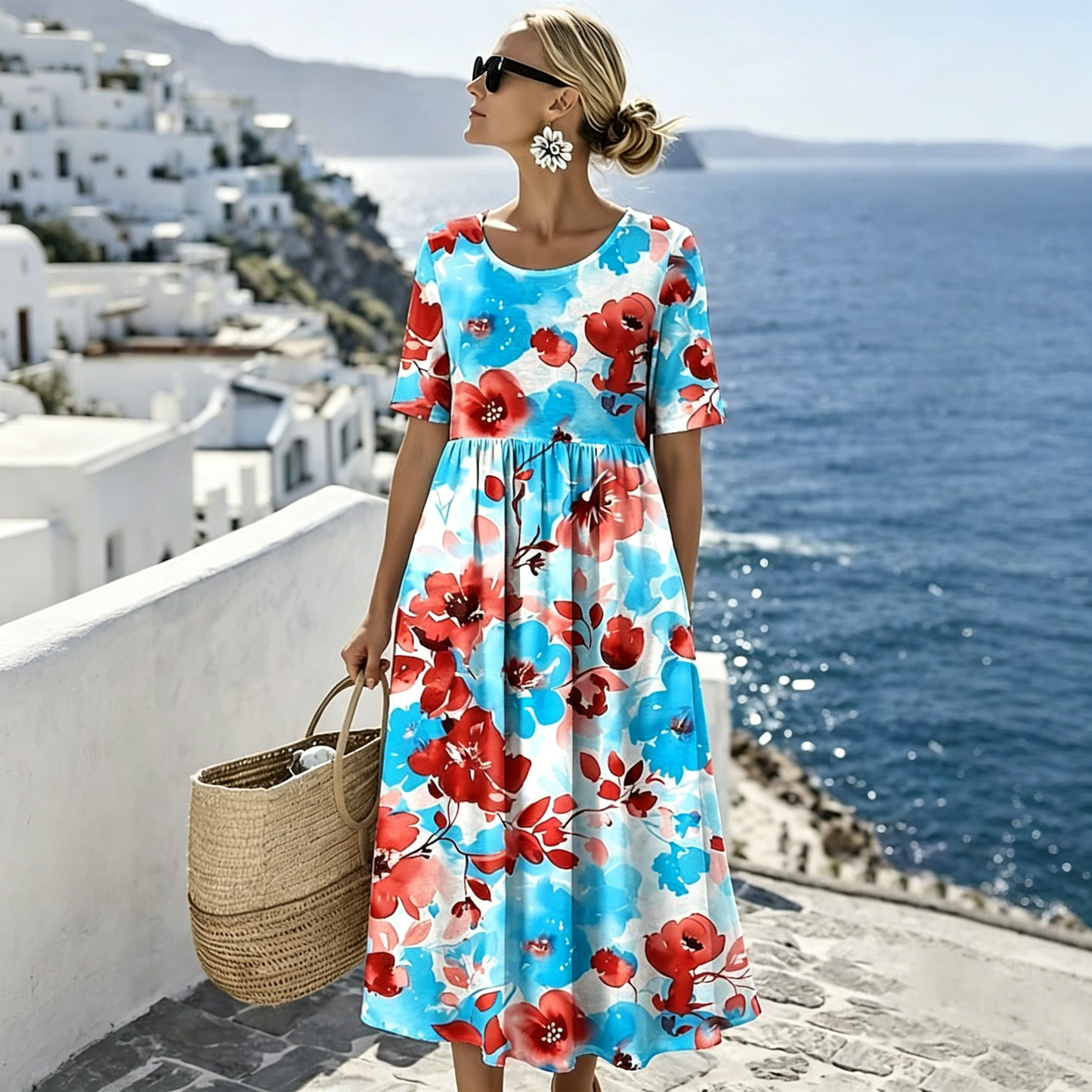 👗【S-4XL】Vestido casual estampado de verano 2026, diseño de cuello redondo, con bolsillos, pago contra entrega.