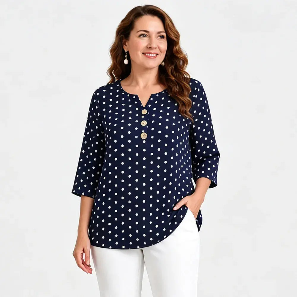 Blusa estampada de cuello en V y talla grande: corte holgado, manga corta y diseño floral; una blusa ligera para mujer con efecto reductor en la cintura.
