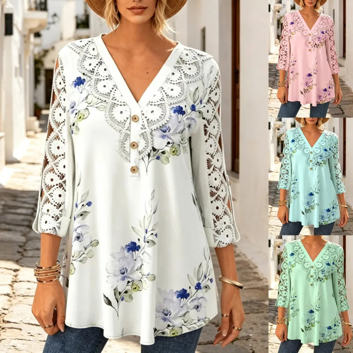 🔥 Último día con 50% de descuento【M–5XL】Elegante camisa de mujer estampada con cuello en V y diseño calado transpirable.