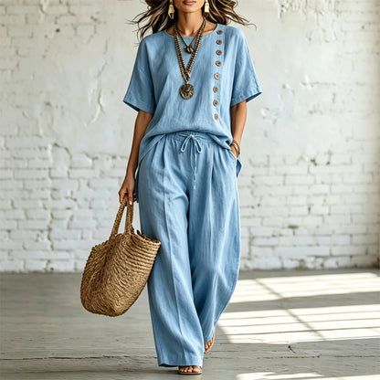 🎨 【Camiseta + Pantalones de pierna ancha】Un conjunto de dos piezas elegante e informal, hecho de algodón y lino, cómodo y transpirable, disponible en varios colores.