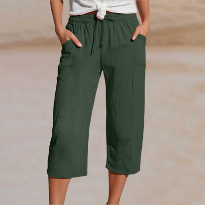 🌸【S-3XL】Dámské jednobarevné skládané zkrácené kalhoty z bavlny a lnu