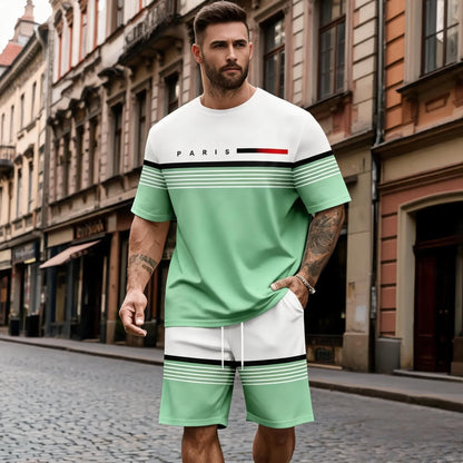 【S–5XL】Pánská ležérní a pohodlná sada trička s krátkým rukávem a šortek s potiskem písmen.