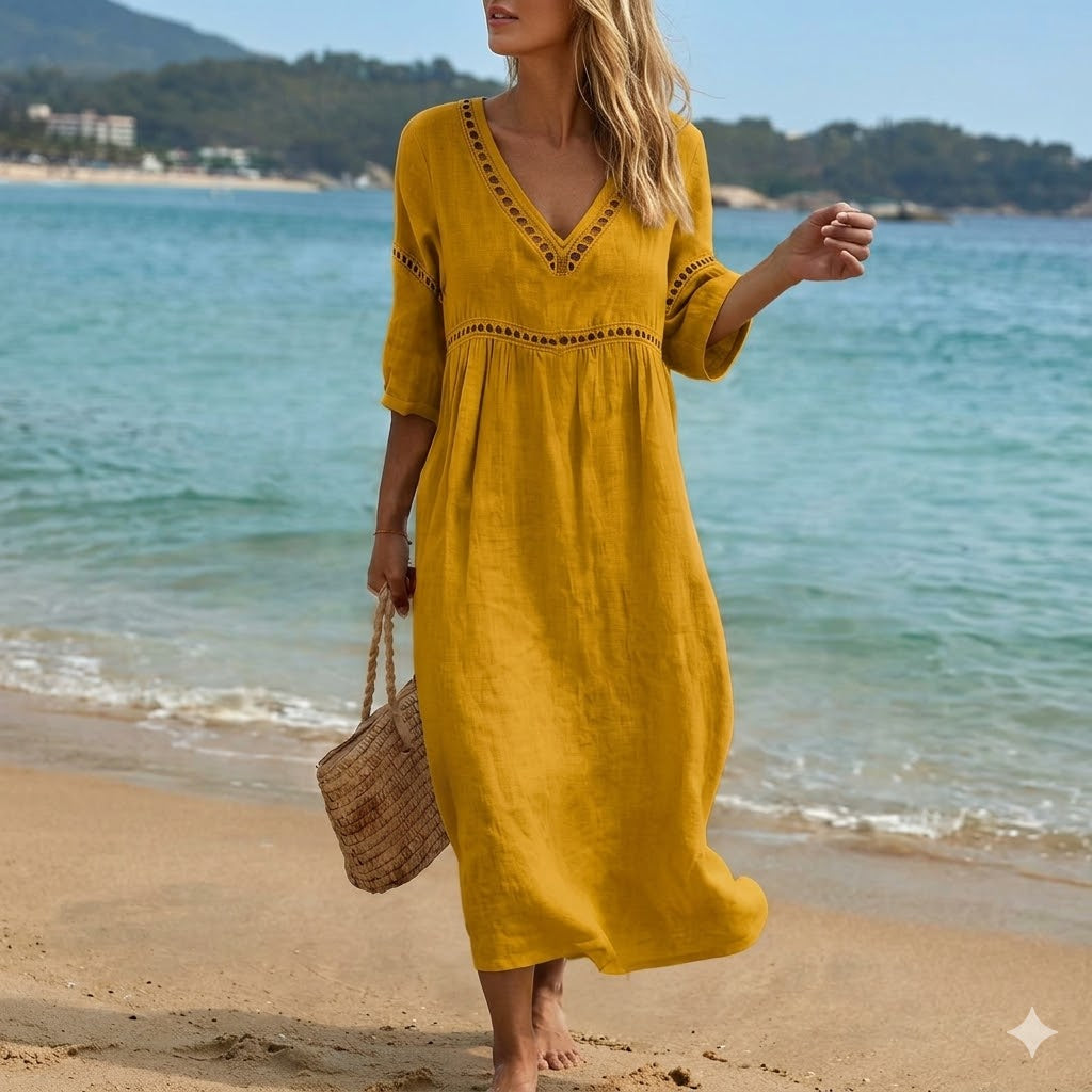 👗【S-3XL】Vestido de verano de algodón y lino a la moda con escote en V, transpirable, cómodo y que no se atasca.