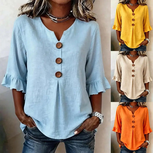 [S-3XL] Nueva camisa de mujer con cuello en V y volantes, mezcla de algodón y lino, con botones: sencilla y elegante.