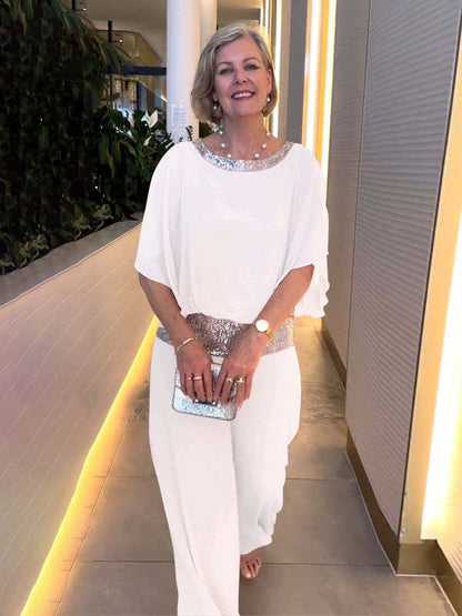 🥰[S-3XL]2026 Traje de pantalón ancho con lentejuelas y cuello redondo