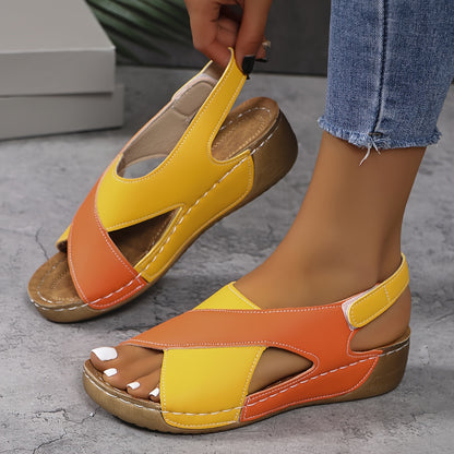 【50% de descuento】【36-43】Sandalias de cuña en contraste de verano para mujer, cómodas sandalias con tiras en el tobillo, tejidas a mano, suaves y cómodas_E