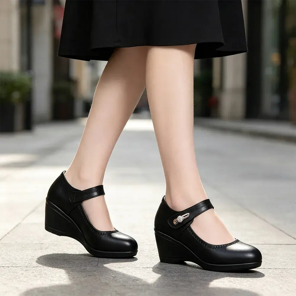【35-41】Zapatos de piel suave con suela blanda y tacón de cuña antideslizantes para madres