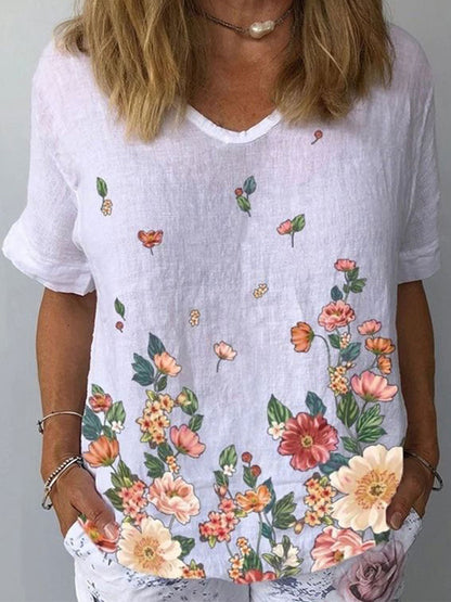 🔥【S-5XL】🌈 Bavlněné a lněné tričko s krátkým rukávem s květinovým potiskem💐
