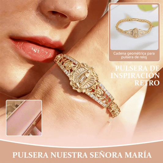 Pulsera de la Virgen María con flores caladas en oro