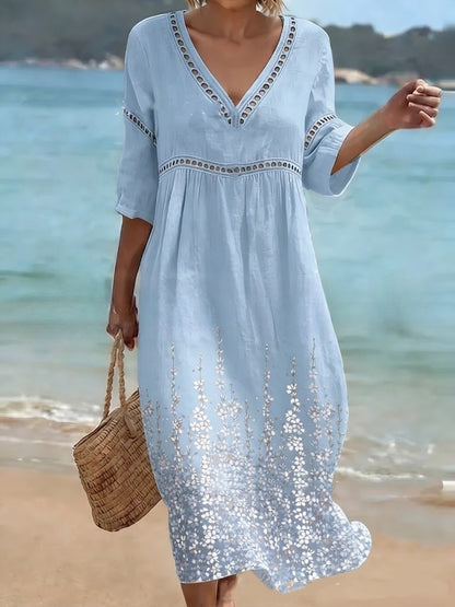👗【S-5XL】Długa sukienka damska z bawełny i lnu z nadrukiem – letni styl, dekolt w serek