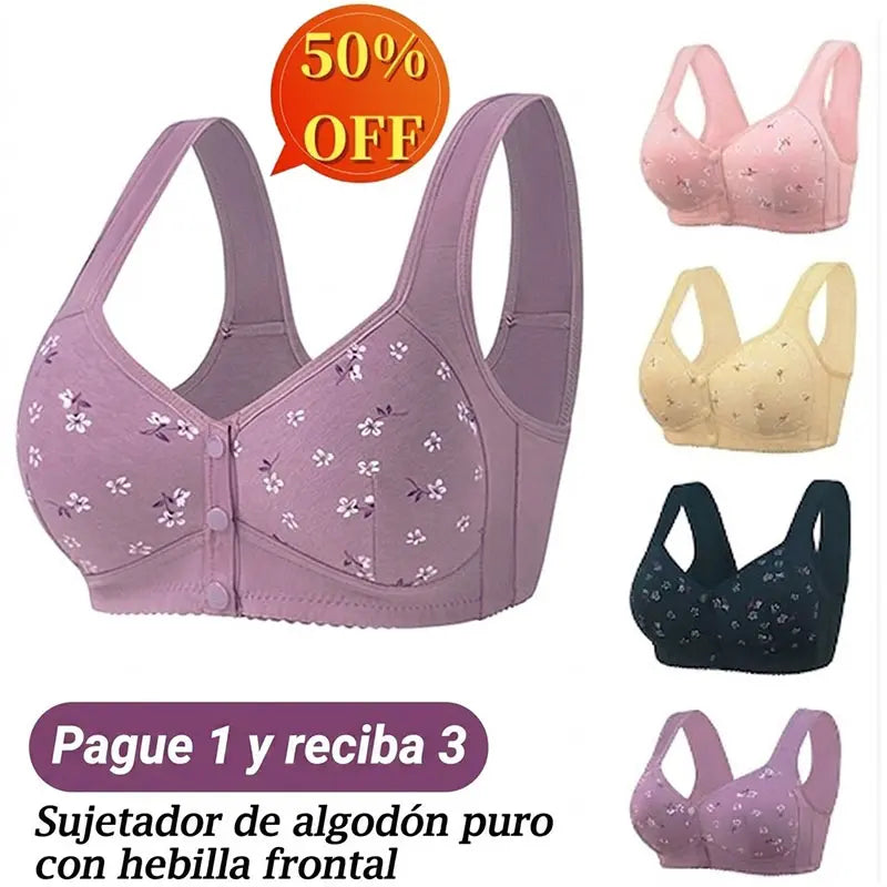 [Paquete de 4] Elegante sujetador de algodón puro con cierre frontal para mujeres maduras