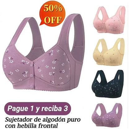[Paquete de 4] Elegante sujetador de algodón puro con cierre frontal para mujeres maduras