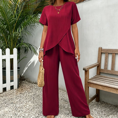 👗 Conjunto para mujer (Tallas S–3XL) – corte casual, manga corta, cuello redondo, diseño asimétrico (top + pantalón)