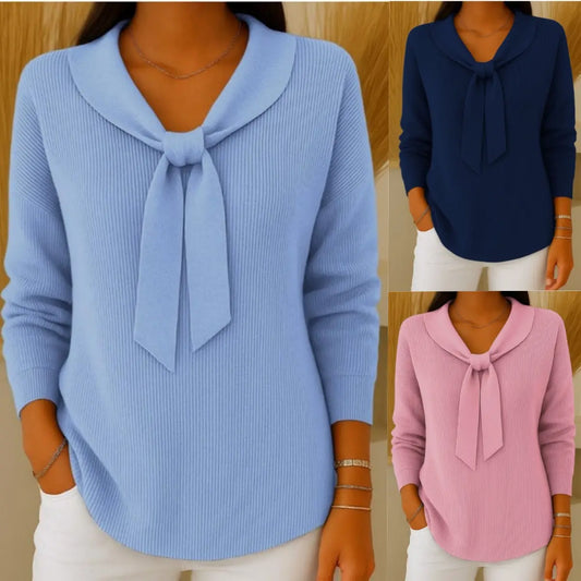 ✨Súper cómodo de llevar💕【S-5XL】Suéter de manga larga y color liso con lazada frontal para mujer — Corte holgado e informal