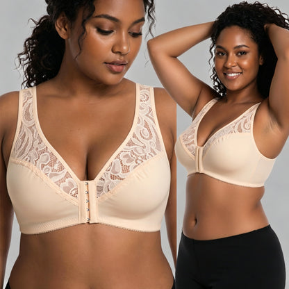 💖 ¡Precio mínimo histórico! 【Set de 3 piezas】 【Tallas L–4XL】 😍 🩲 Sujetador Push-Up de tallas grandes: Hermoso encaje, diseño push-up y con aberturas, cierre frontal.