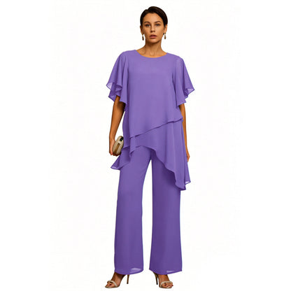 Elegante conjunto de chifón: Top asimétrico con volantes y pantalones de pierna ancha – Atuendo sofisticado para eventos, Tallas S-3XL