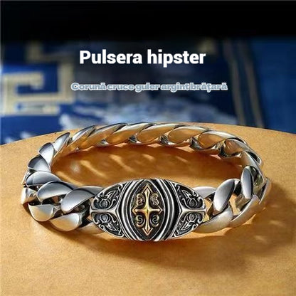 ✨【Hecho de plata de ley】🔥Pulsera vintage con patrón de la suerte para hombre, estilo punk urbano, hecha a mano, apariencia única
