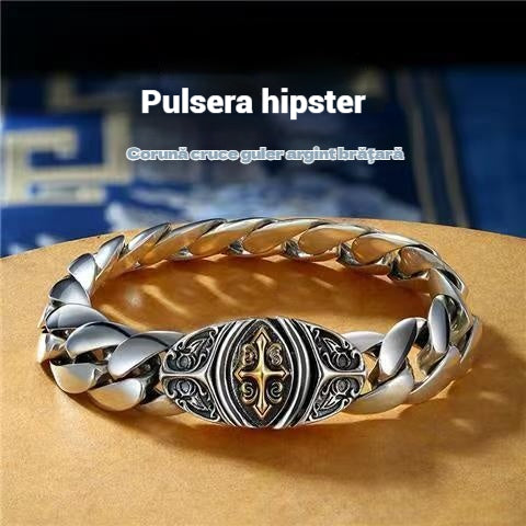 ✨【Hecho de plata de ley】🔥Pulsera vintage con patrón de la suerte para hombre, estilo punk urbano, hecha a mano, apariencia única