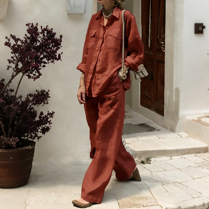✨😍【Camisa + Pantalón】(40-120 kg) Conjunto de dos piezas para mujer, corte holgado, algodón y lino, tejido transpirable ✅️Pago contra entrega ✅️2 artículos con 70% de descuento