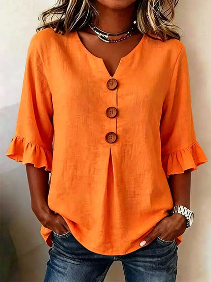 [S-3XL] Nueva camisa de mujer con cuello en V y volantes, mezcla de algodón y lino, con botones: sencilla y elegante.