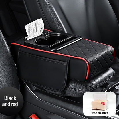 🚗Almohadilla universal 4 en 1 para reposabrazos de coche de cuero ✅ Caja de pañuelos incorporada ✅ Portavasos