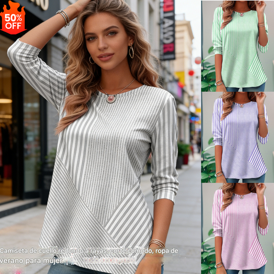 ✨👚【S-5XL】🔥Nueva camiseta de cuello redondo a rayas para primavera/verano 2026, cómoda y casual.