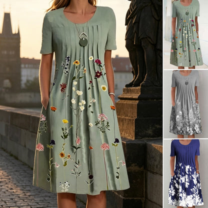 👗【40-120KG】Vestido de moda de verano con cuello redondo y estampado, transpirable, cómodo y que estiliza la figura.