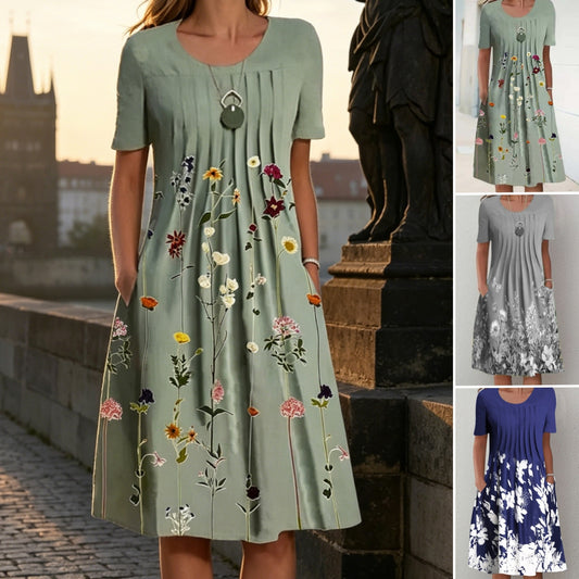 👗【40-120KG】Vestido de moda de verano con cuello redondo y estampado, transpirable, cómodo y que estiliza la figura.