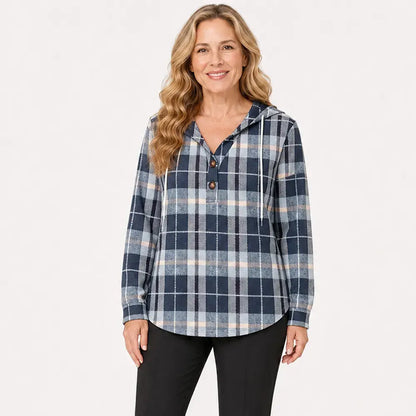 🧥 Sudadera a cuadros con capucha y cuello en V para mujer – cierre de botones, manga larga – sudadera holgada a cuadros para otoño e invierno