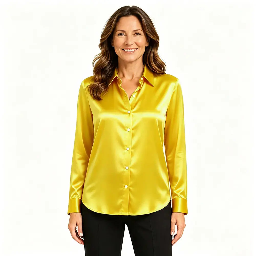 👚Blusa de satén de manga larga para mujer - Camisa de trabajo de talla grande de corte holgado - Ligera y elegante