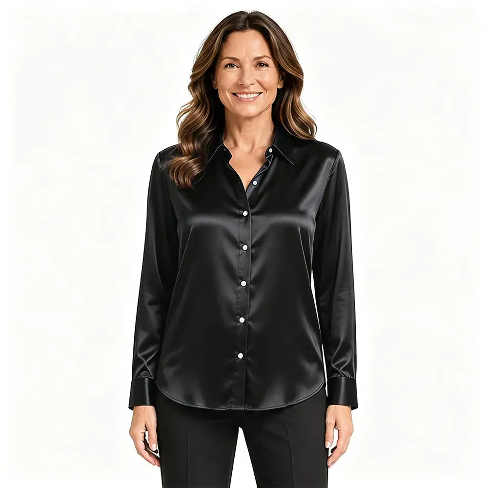👚Blusa de satén de manga larga para mujer - Camisa de trabajo de talla grande de corte holgado - Ligera y elegante