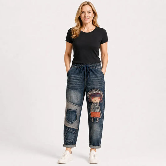 Jeans holgados retro para mujer con bordado de apliques y cintura elástica – Jeans estilo harem de estilo único (Tallas S-5XL, 2 colores) 👖✨🍂