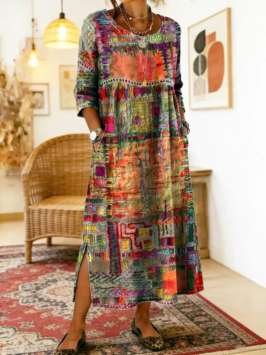 ✨ Zadnji dan, 50 % popust! 【S-5XL】Retro poletna obleka s potiskom okroglega izrezka - lahka in zračna, z močnim padcem, enostavna za ujemanje.