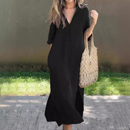 🌿💃 50% de descuento 🔥【40-100 kg】Vestido largo de lino para verano, escote en V, abertura lateral, cómodo ✅️Pago contra entrega
