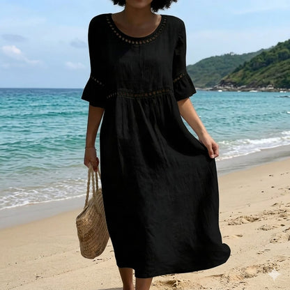 ✨【S–3XL】Dámské přiléhavé šaty z bavlny a lnu s kulatým výstřihem, s balónovými rukávy, prodyšné a měkké, pohodlné na nošení