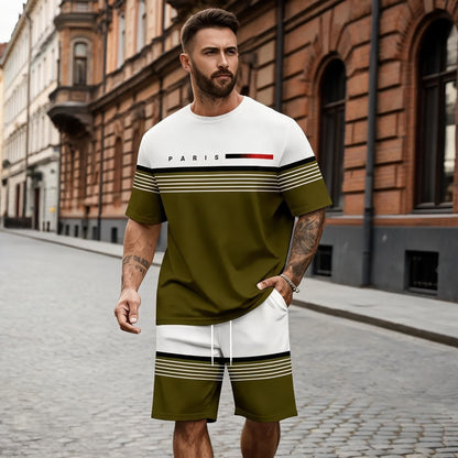 【S–5XL】Pánská ležérní a pohodlná sada trička s krátkým rukávem a šortek s potiskem písmen.