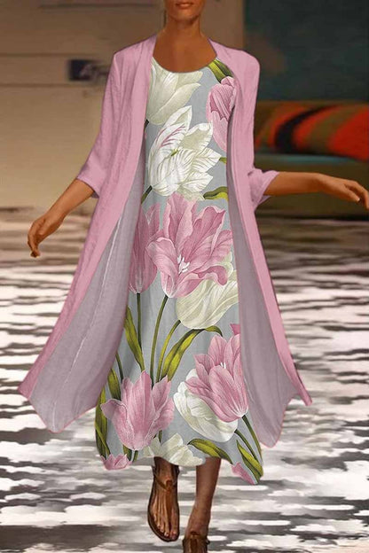 🌻 Descuento -50% 🔥🔥【40-120 kg】Nuevo vestido de mujer con estampado floral, vestido de dos piezas con escote redondo ✅Pago contra entrega ✅2 artículos con 70% de descuento