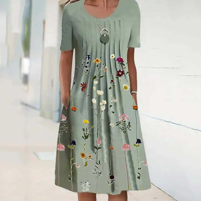 👗【40-120KG】Vestido de moda de verano con cuello redondo y estampado, transpirable, cómodo y que estiliza la figura.