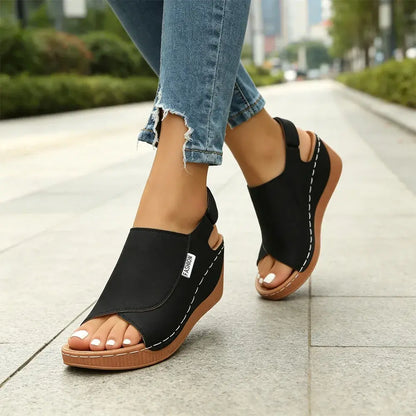 [Tallas 36–43] Sandalias de cuña de piel auténtica para mujer – suela suave – soporte para el arco