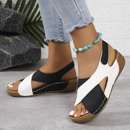 【50% de descuento】【36-43】Sandalias de cuña en contraste de verano para mujer, cómodas sandalias con tiras en el tobillo, tejidas a mano, suaves y cómodas_E