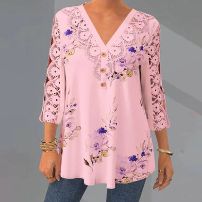 🔥 Último día con 50% de descuento【M–5XL】Elegante camisa de mujer estampada con cuello en V y diseño calado transpirable.