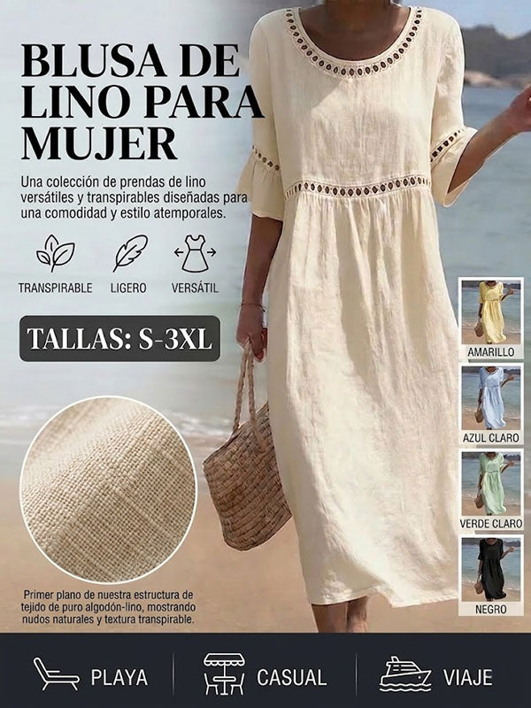 【Producto nuevo, 50% solo hoy!!】💎2026 Alta calidad💎【S-3XL】Vestido de mujer de algodón y lino, con mangas abullonadas, transpirable, suave y cómodo
