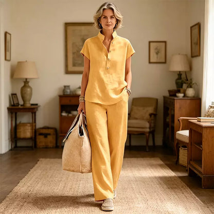 ✨Conjunto de lino y algodón para mujer: blusa de manga corta y pantalón de pierna ancha, estilo veraniego casual y elegante.