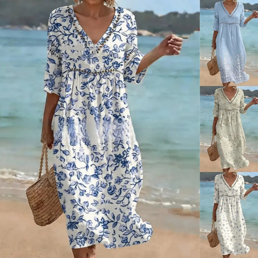 👗【S-3XL】Vestido largo de algodón y lino estampado para mujer - Estilo veraniego, escote en V