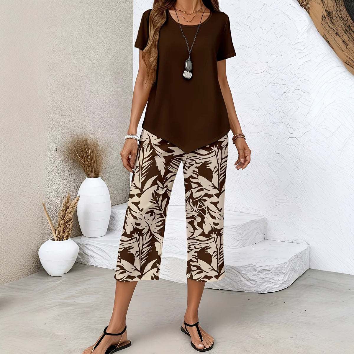 【S-5XL】Conjunto de moda para mujer: blusa de manga corta y pantalón estampado 📦Pago contra entrega