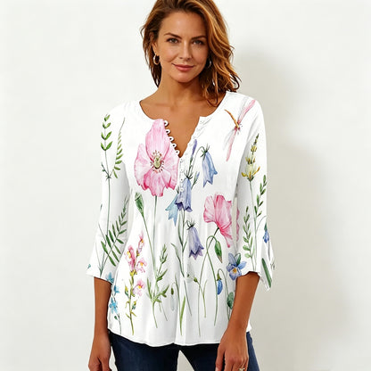 🔥【50% off en toda la tienda！！】🔥【S–5XL】Ropa casual cómoda para mujer: blusa con cuello en V y estampado floral