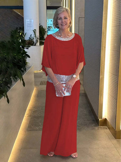 🥰[S-3XL]2026 Traje de pantalón ancho con lentejuelas y cuello redondo