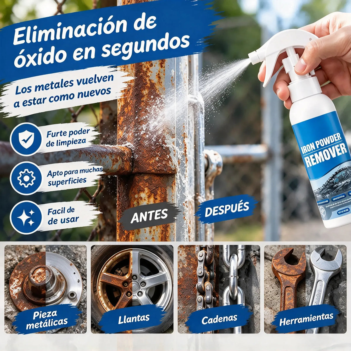 【2 unidades por 30 euros】🔥 Spray multiusos para eliminar el óxido: ¡elimina el óxido al instante y deja el metal como nuevo! 🛠️ Ideal para llantas, herramientas, cadenas y mucho más. 💪🚗